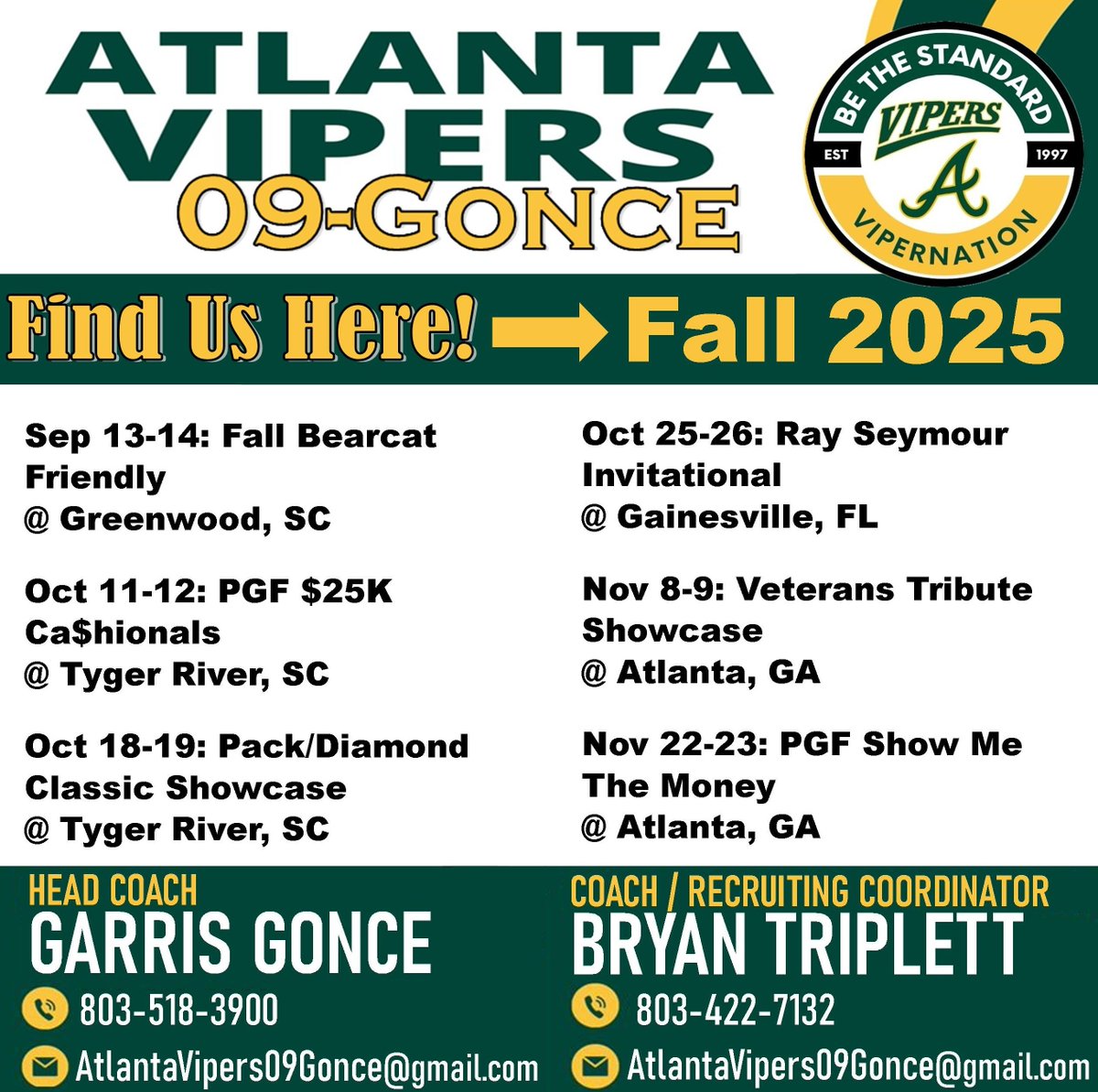 Atlanta Vipers '09-Gonce (@vipersgonce) on Twitter photo Fall 2025‼️ LET'S GO‼️‼️‼️
#BeTheStandard #ViperNation
<a href="/LineDsoftball/">Line Drive Media</a> <a href="/PrepSoftball/">Prep Softball 🥎</a> <a href="/SoftbalAmerica/">Softball America</a> <a href="/IHartFastpitch/">I❤️Fastpitch</a> <a href="/CoastRecruits/">Coast 2 Coast Recruits</a> <a href="/CoastRecruitsSB/">Coast Recruits 🥎</a> <a href="/TopPreps/">SPORTS NEWS, VIDEOS, GRAPHICS, EXPOSURE & MORE</a> <a href="/SBRRetweets/">Softball Recruiting Reposts</a> <a href="/ExtraInningSB/">EXTRA INNING SOFTBALL</a> <a href="/LegacyLegendsS1/">Legacy & Legends Softball</a> <a href="/VipersGonce/">Atlanta Vipers '09-Gonce</a> <a href="/thevipernation/">Atlanta Vipers Fastpitch</a> Fall 2025‼️ LET'S GO‼️‼️‼️
#BeTheStandard #ViperNation
<a href="/LineDsoftball/">Line Drive Media</a> <a href="/PrepSoftball/">Prep Softball 🥎</a> <a href="/SoftbalAmerica/">Softball America</a> <a href="/IHartFastpitch/">I❤️Fastpitch</a> <a href="/CoastRecruits/">Coast 2 Coast Recruits</a> <a href="/CoastRecruitsSB/">Coast Recruits 🥎</a> <a href="/TopPreps/">SPORTS NEWS, VIDEOS, GRAPHICS, EXPOSURE & MORE</a> <a href="/SBRRetweets/">Softball Recruiting Reposts</a> <a href="/ExtraInningSB/">EXTRA INNING SOFTBALL</a> <a href="/LegacyLegendsS1/">Legacy & Legends Softball</a> <a href="/VipersGonce/">Atlanta Vipers '09-Gonce</a> <a href="/thevipernation/">Atlanta Vipers Fastpitch</a>
