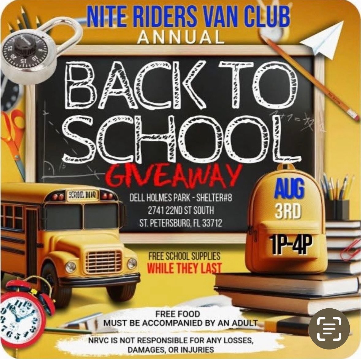 My current situation,

Happing NOW, Please 🙏 Share   

Please 🙏 come by and get some school 🏫 supplies for your kids. 

Please 🙏 Support the Nite Riders Van Club Annual Back To School 🏫 Event. 

Newthd62.com