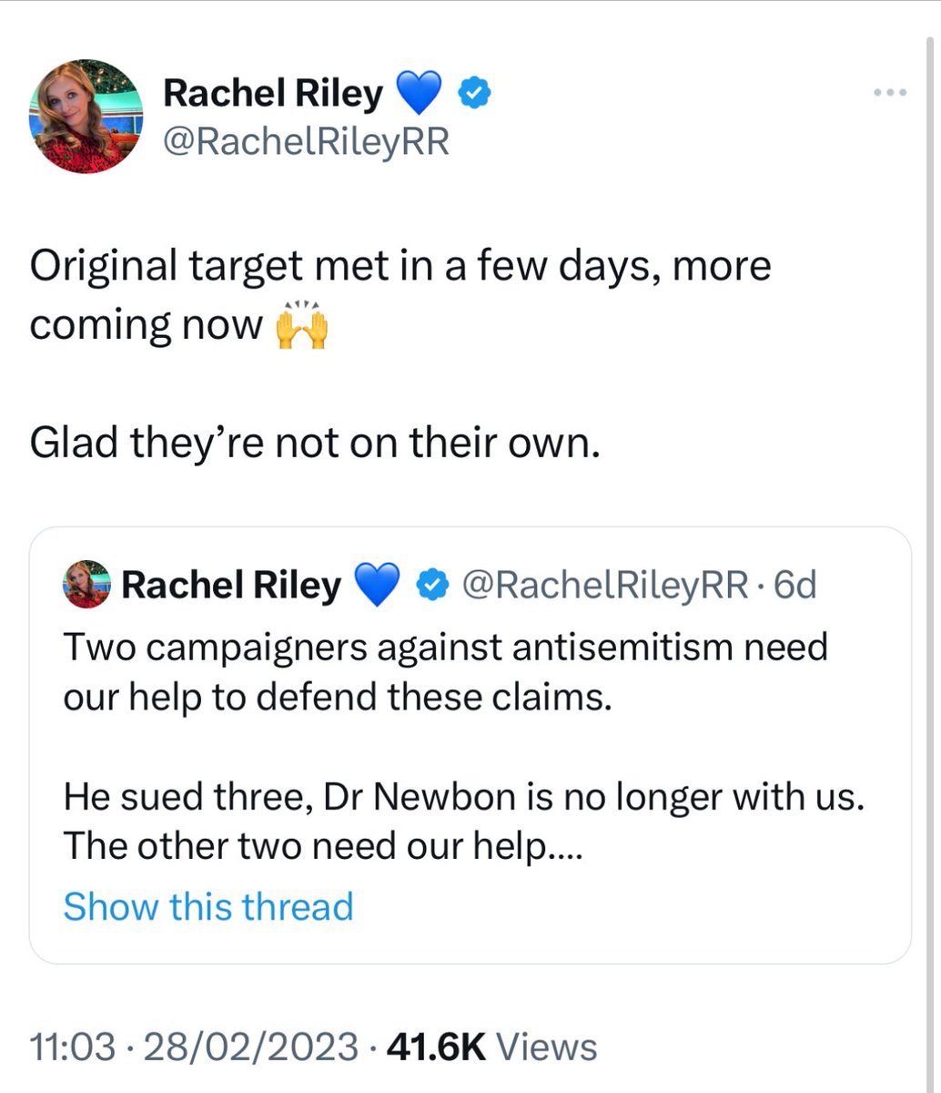 James Wilson (@per_incuriam2) on Twitter photo Here’s another tweet from Rachel Riley:
“Glad they’re not on their own”.
Eddy Cantor is on his own Rachel. He has been shafted by his former lawyer Mark Lewis.
Any chance you can offer Mr Cantor some support now? To stop him losing his home?
<a href="/RachelRileyRR/">Rachel Riley MBE 💙</a> <a href="/MLewisLawyer/">Mark Lewis</a> Here’s another tweet from Rachel Riley:
“Glad they’re not on their own”.
Eddy Cantor is on his own Rachel. He has been shafted by his former lawyer Mark Lewis.
Any chance you can offer Mr Cantor some support now? To stop him losing his home?
<a href="/RachelRileyRR/">Rachel Riley MBE 💙</a> <a href="/MLewisLawyer/">Mark Lewis</a>