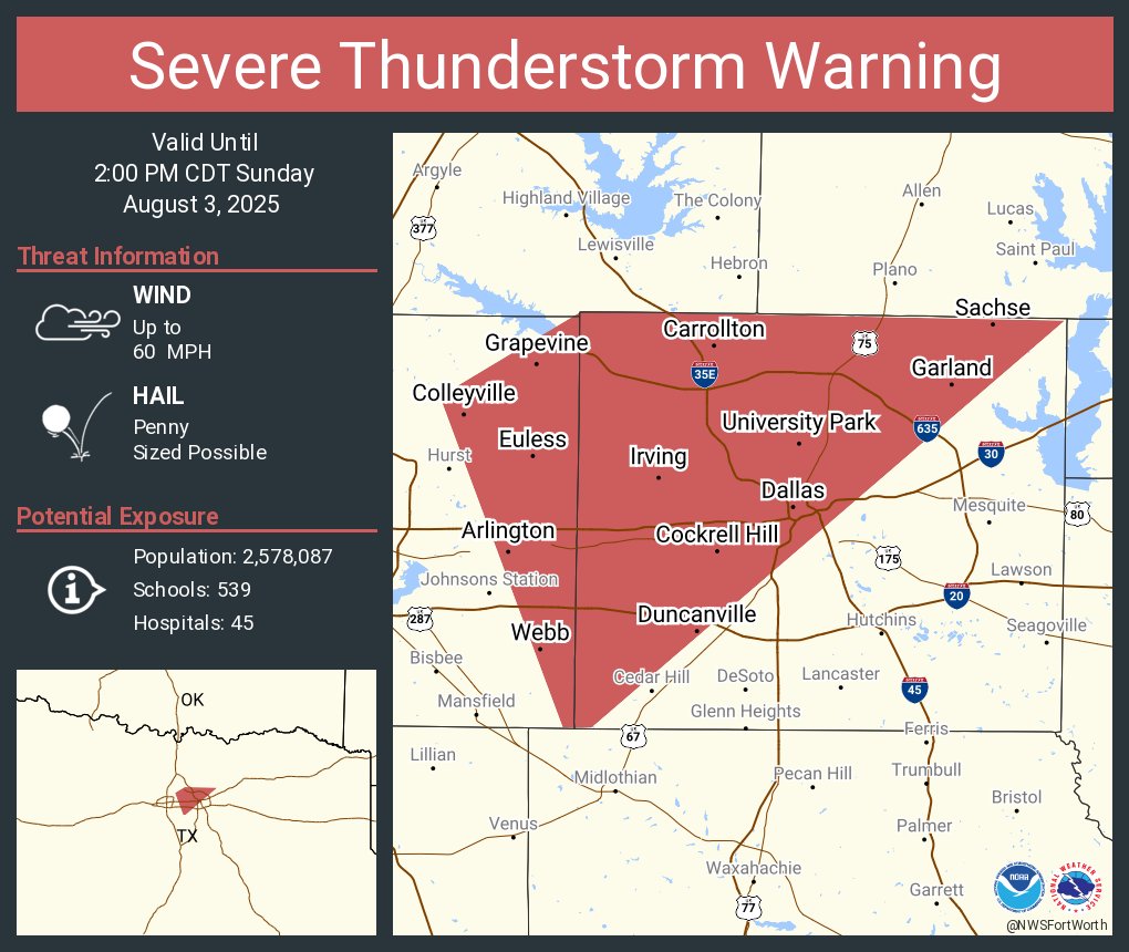 Severe Thunderstorm Warning continues for Dallas TX, Arlington TX and  Garland TX until 2:00 PM CDT