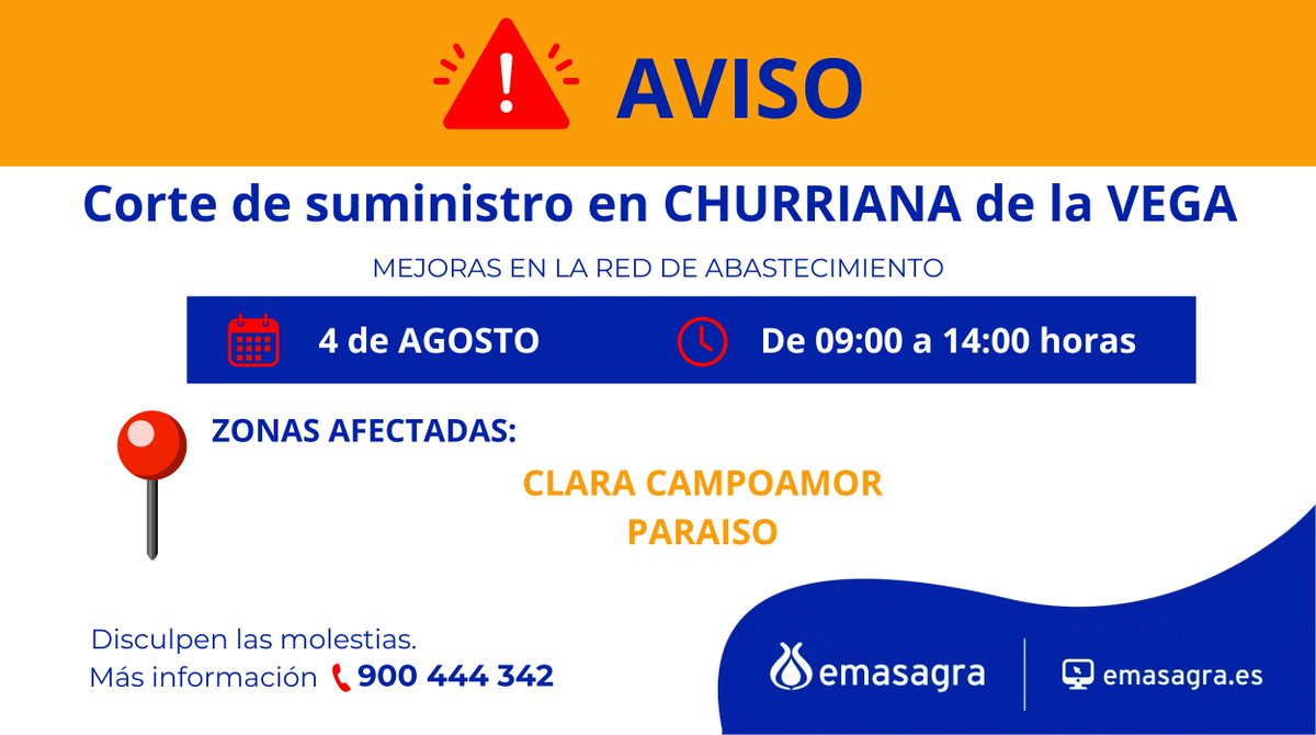 ⚠️Corte de suministro programado en #ChurrianaDeLaVega  ¡Prepárate para el corte de #Agua ! ℹMás información ☎️900 444 342 💻Seguimiento http:// emasagra.es/avisos Disculpen las molestias Cc/ 🙏<a href="/AytoChurriana/">Churriana de la Vega</a>