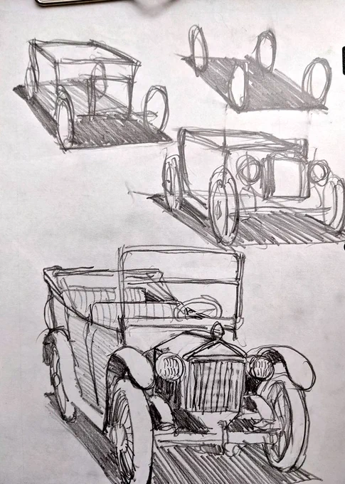 私が他の人と違った手順で描くのは、前にも出したけど、自動車を車輪から描き始める事とか。
派手なボディの造形に気を取られて車輪がついでに描かれてるのが嫌なのです。まず足回りの存在感を確保したいな、なんて考えでいます。 