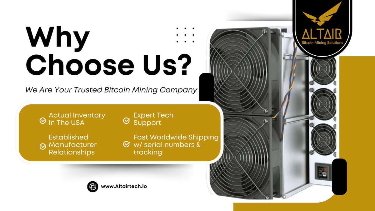 Kris@Altairtech.io (@krisaltairtech) on Twitter photo ⛏️With nearly 800 Petahash of #BTC hashrate shipped in the last 3 years, we are one of the largest retailers of #Bitcoinmining hardware in the US!
WE ARE NOT BROKERS!
✈️ We Ship Fast & Worldwide 🌐
Everything Ships from St.Louis🇺🇸
Altairtech.io <a href="/altair_tech/">Altair Technology® ⛏️</a> ⛏️With nearly 800 Petahash of #BTC hashrate shipped in the last 3 years, we are one of the largest retailers of #Bitcoinmining hardware in the US!
WE ARE NOT BROKERS!
✈️ We Ship Fast & Worldwide 🌐
Everything Ships from St.Louis🇺🇸
Altairtech.io <a href="/altair_tech/">Altair Technology® ⛏️</a>