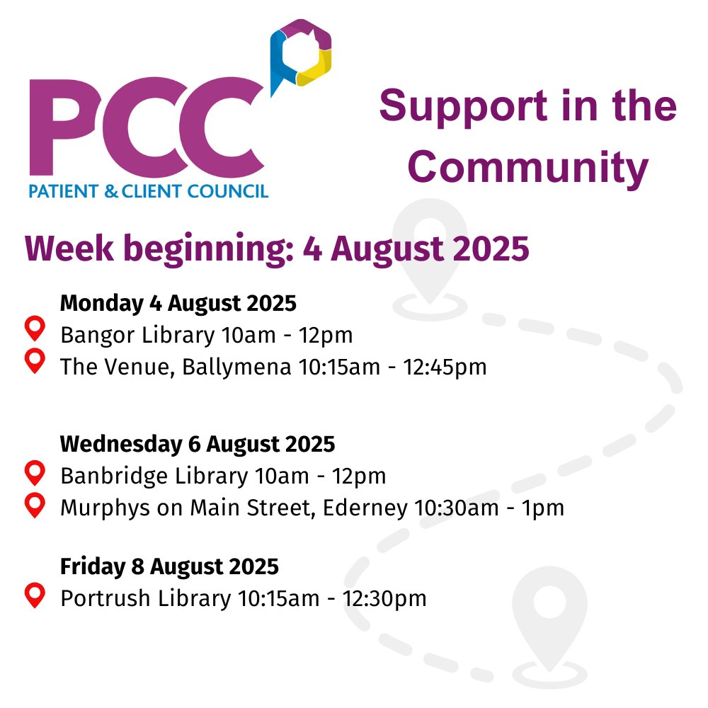 PatientClient's tweet image. There are lots of opportunities to meet #TeamPCC this week as our practitioners provide #PCCSupport in the Community⤵️

ℹ️pcc-ni.net/pcc-support/pc… 

Prefer to contact us by telephone? No problem! 
☎️Call us on freephone 0800 917 0222  
🖱️ pcc-ni.net
📧 info@pcc-ni.net