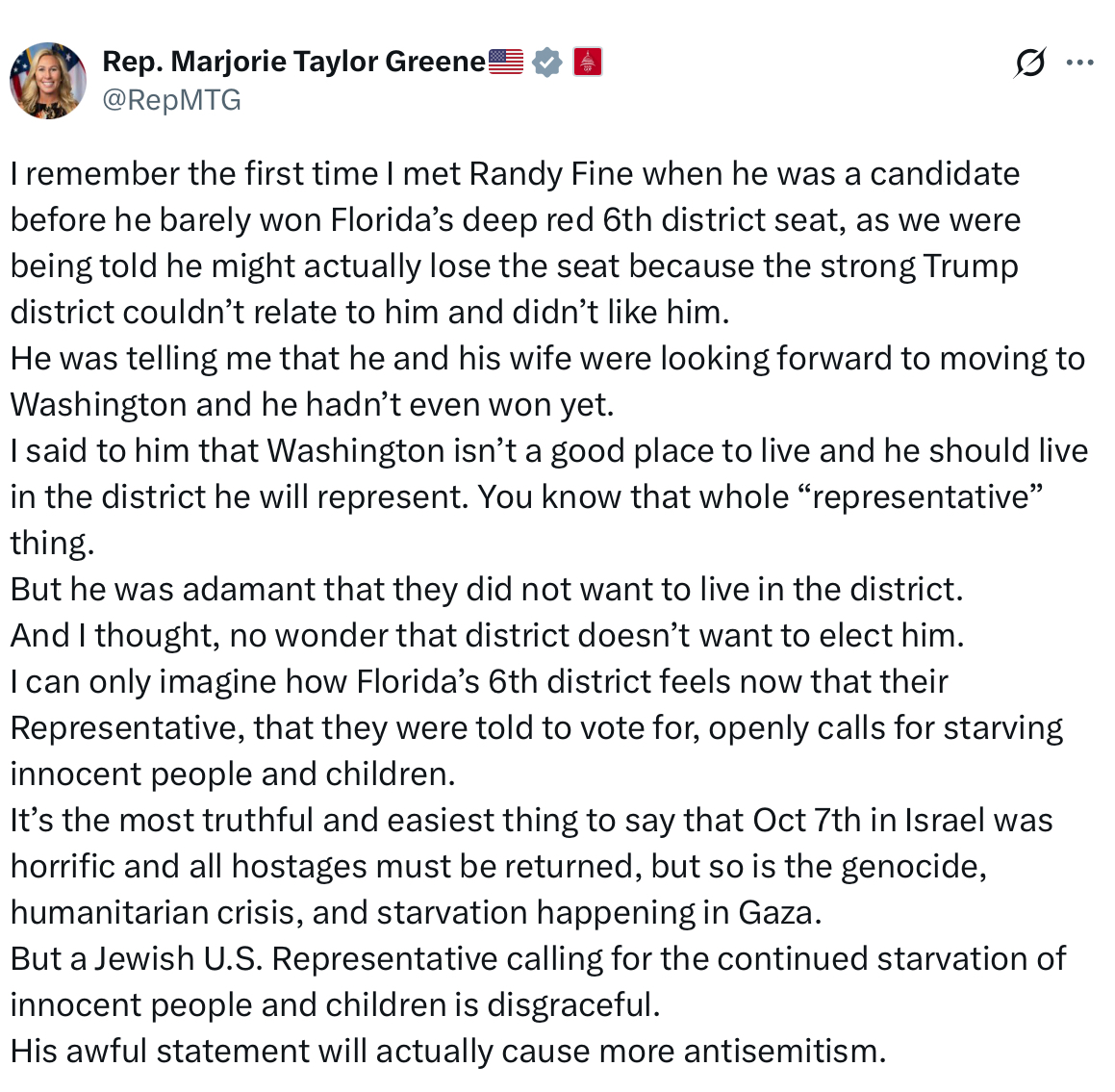 Aaron4fl6's tweet image. Randy @repfine can’t even care about his own district, how could he possibly care about starving children? That’s why I’m running for Congress—because we deserve better. I will speak out against children starving, from Florida to Gaza. Fine has no place in our Congress.