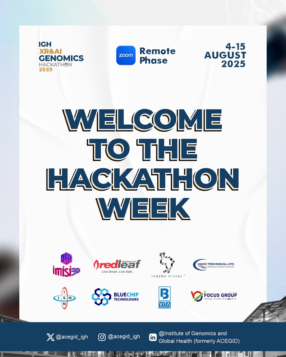 The Journey to Rewriting Genomics Education with Future Technologies Begins NOW!

Welcome to Hackathon Week — where innovation meets purpose.

Let’s redefine the future of genomics education in Africa, together.

#XR #AI #Genomics #hackathon #IGHresearch #AfricaEducation