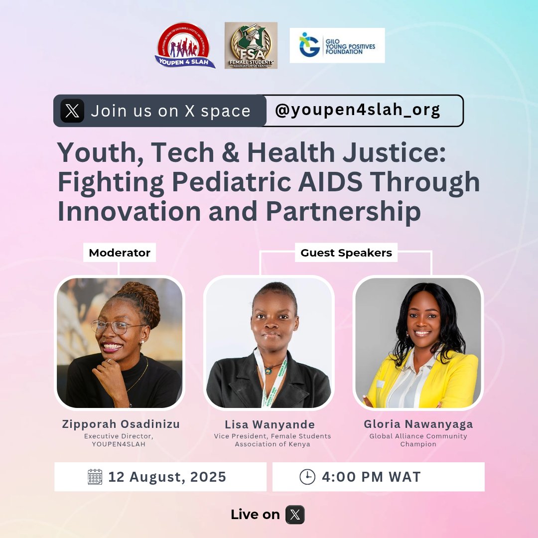 youpen4slah_org's tweet photo. 🌍 International Youth Day is almost here!

We’re going live on X Spaces to spotlight how young people are using technology to fight pediatric AIDS and push for health justice.

🗓️ August 12, 2025
🕓 4PM WAT
🎙️ X Space (@youpen4slah_org)
📌 Theme: Youth, Tech &amp; Health Justice https://t.co/18AaLwKohm