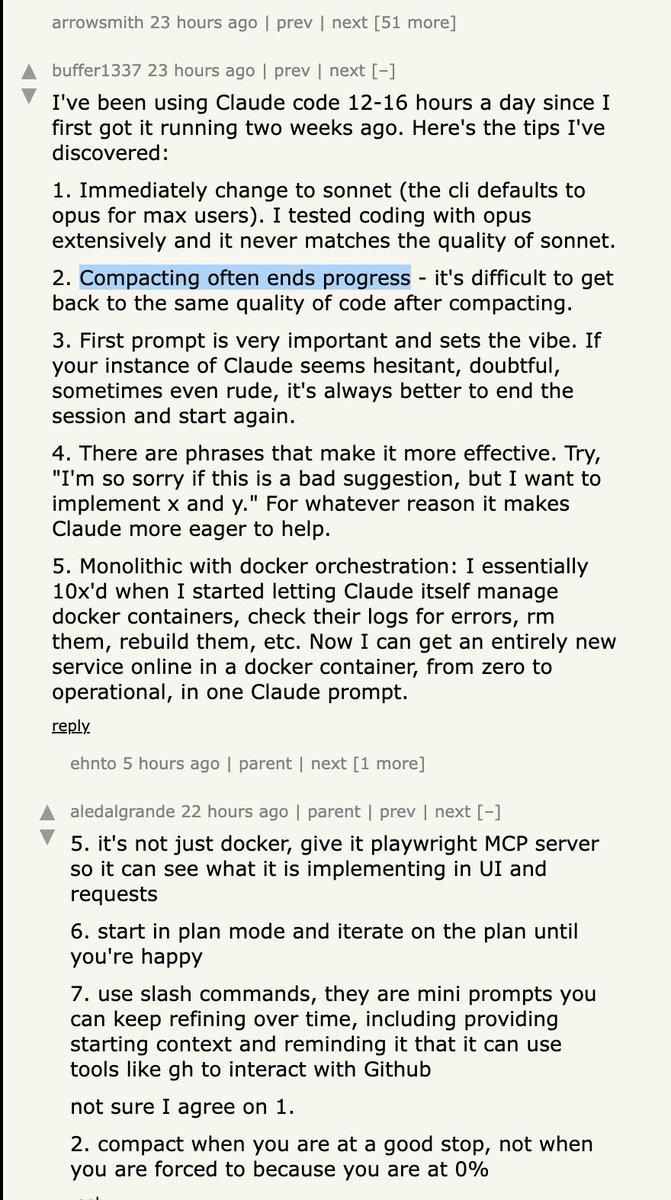 swyx's tweet image. good list of claude code tips.

it&apos;s surprising how often i hear about compacting being the weak point of CC - has anyone written a hook/hotfix or explored different methods of compaction here?