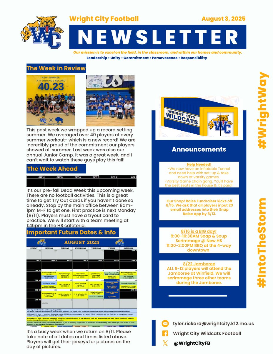 Here is this week’s newsletter! Make sure you check out all dates &amp; times listed. We still need help with our inflatable tunnel &amp; chain gang. Email me if you’re interested. Get those tryout cards this week, so you can start practice on time next week. #IntoTheStorm🦬 #WrightWay