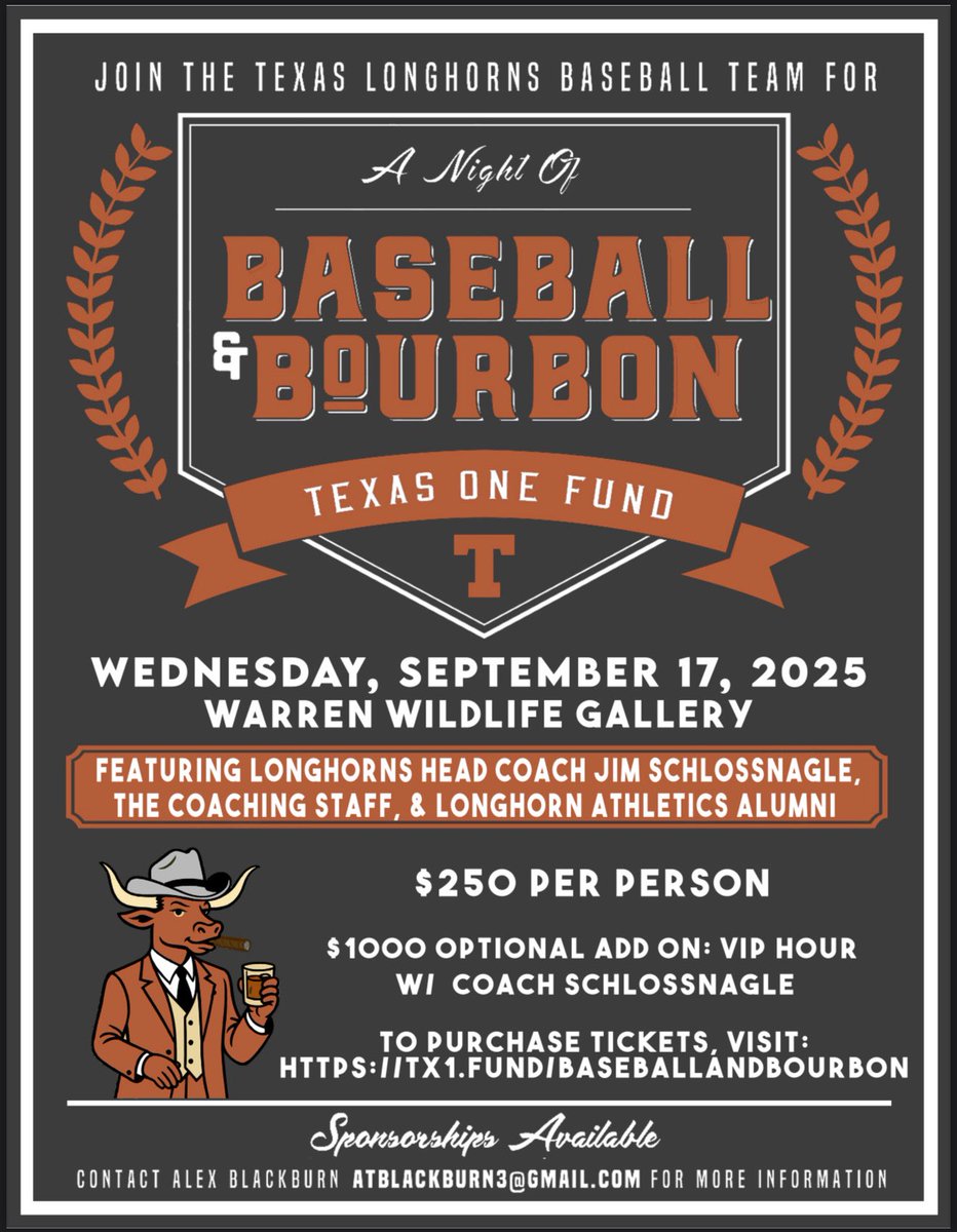 BelyeuMax's tweet image. Get your tickets today for the 2nd Annual Baseball and Bourbon event with Coach Schlossnagle and his staff!
@TexasOneFund @coachschloss