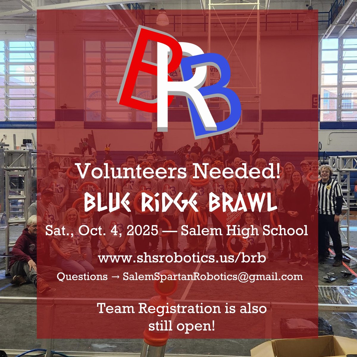 Salem High School Robotics (@spartansfrc5724) on Twitter photo The 2025 Blue Ridge Brawl is still looking for volunteers! You can register on our website at shsrobotics.us/brb/volunteer!
Team registration is also still open at shsrobotics.us/brb/register
Hope to see you there!
<a href="/FrcRobotics/">FRC Robotics</a> <a href="/FIRSTChesapeake/">FIRST Chesapeake</a> #frc #offseason #volunteer <a href="/frcteam401/">Copperhead Robotics</a> The 2025 Blue Ridge Brawl is still looking for volunteers! You can register on our website at shsrobotics.us/brb/volunteer!
Team registration is also still open at shsrobotics.us/brb/register
Hope to see you there!
<a href="/FrcRobotics/">FRC Robotics</a> <a href="/FIRSTChesapeake/">FIRST Chesapeake</a> #frc #offseason #volunteer <a href="/frcteam401/">Copperhead Robotics</a>