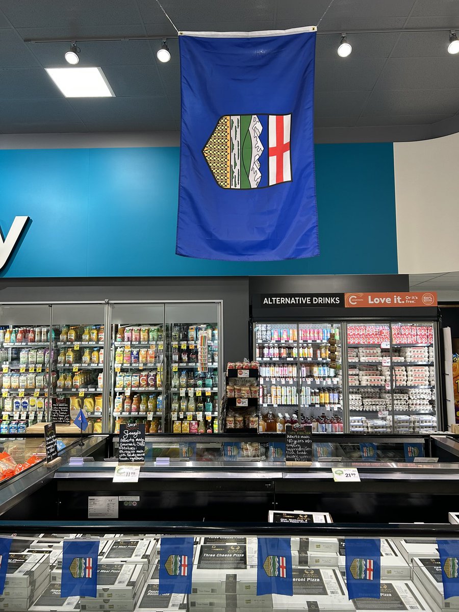 So I checked out Safeway in Cochrane today. Alberta flags galore and not a single Canadian one. Buy Local and Buy Alberta everywhere. Haven’t seen more Albertan flags in a grocery store before. I’ll be shopping there as long as they keep it up.