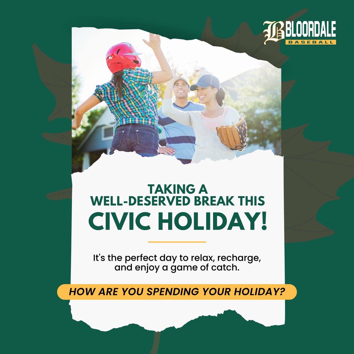 Happy Civic Holiday! Whether you're outdoors, with loved ones, or enjoying your favorite pastime, take a moment to recharge. A game of catch or shared laughs makes the day even better!

Enjoy &amp; make the most of the holiday!

#CivicHoliday #BaseballMoments #BloordaleBaseball