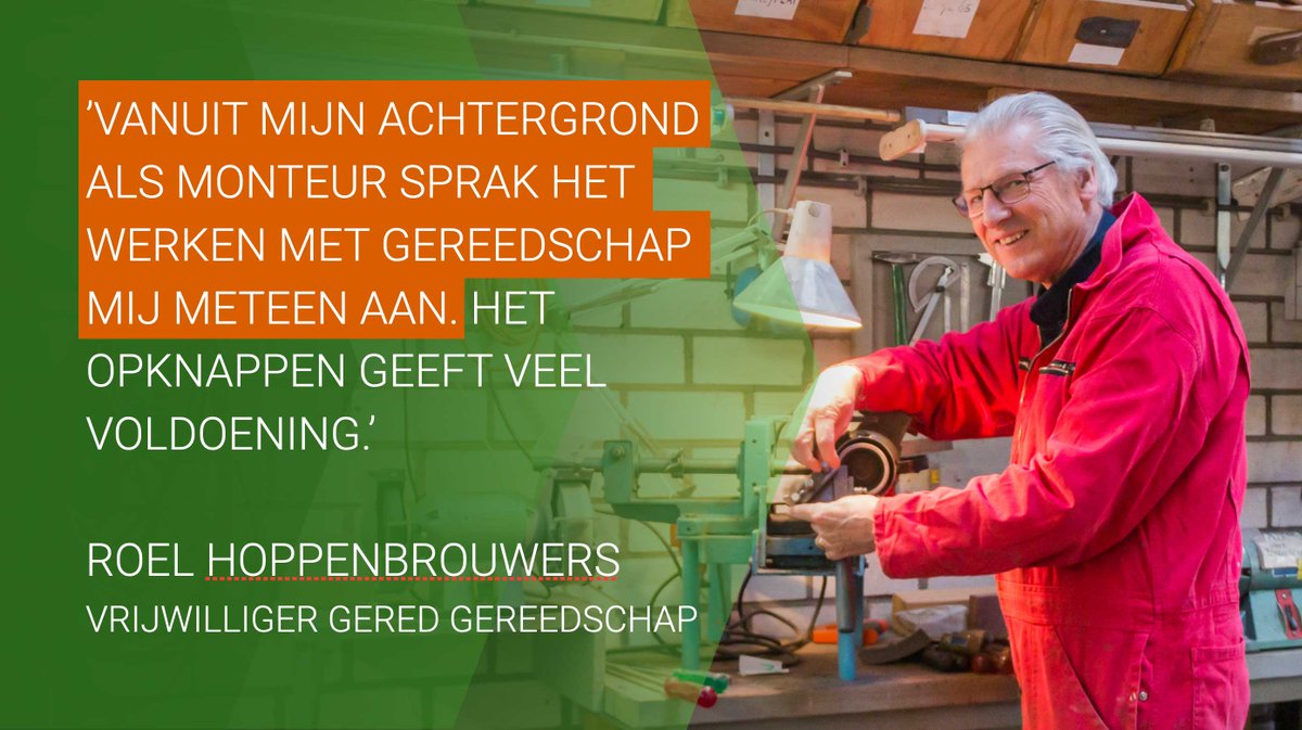 ‘Vanuit mijn achtergrond als monteur sprak het werken met gereedschap mij meteen aan. Het opknappen geeft veel voldoening!’


Roel Hoppenbrouwers

Zoek je actief vrijwilligerswerk dan ben je meer dan welkom! Meer info: geredgereedschap.nl/word-vrijwilli…

#vrijwilligers
#vrijwilligerswerk