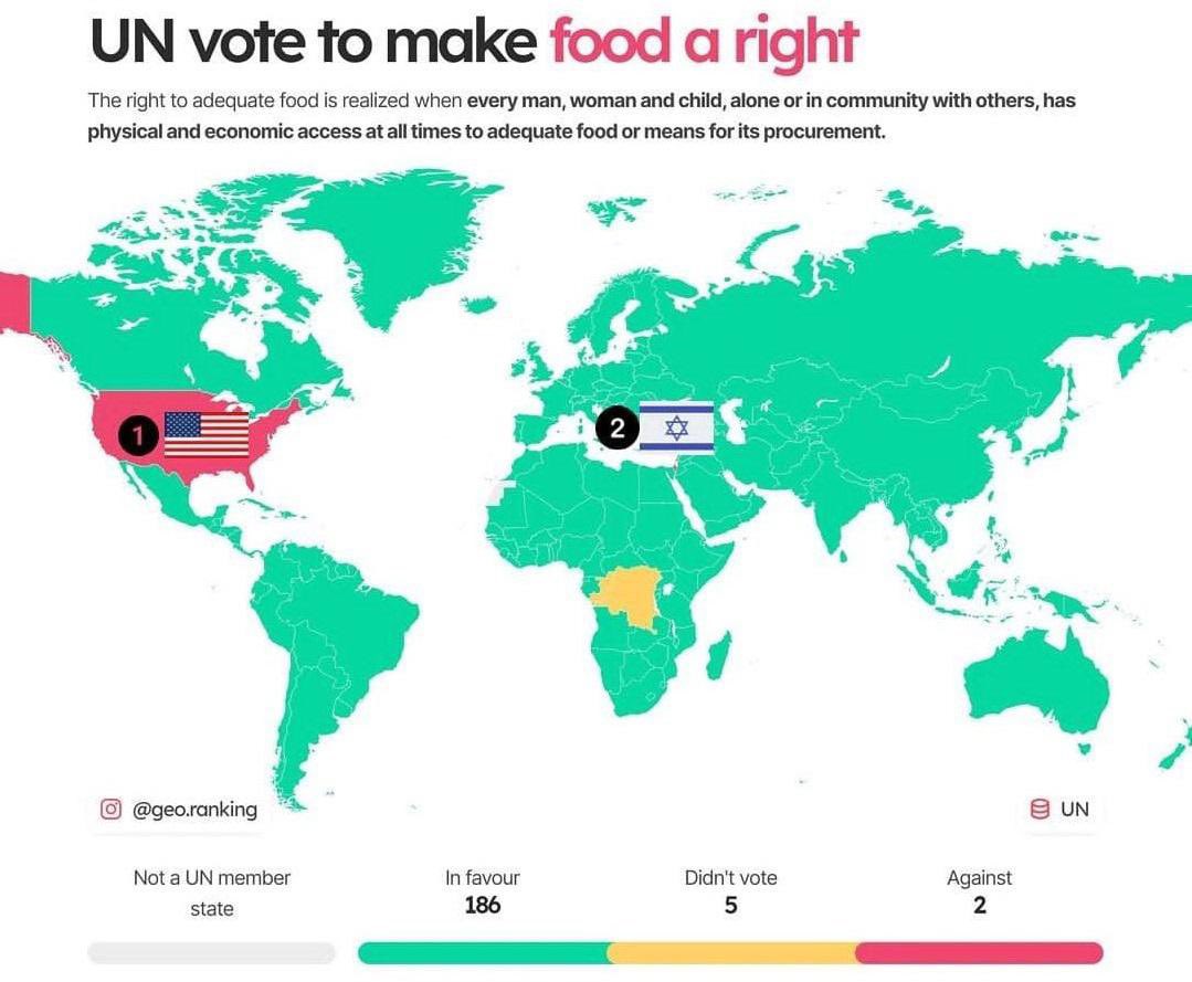 Apuesto a que no sabías que en 2021 la ONU quería reconocer la comida como un derecho humano.

Pero solo 2 países se opusieron:
EEUU 🇺🇸 e Israel 🇮🇱