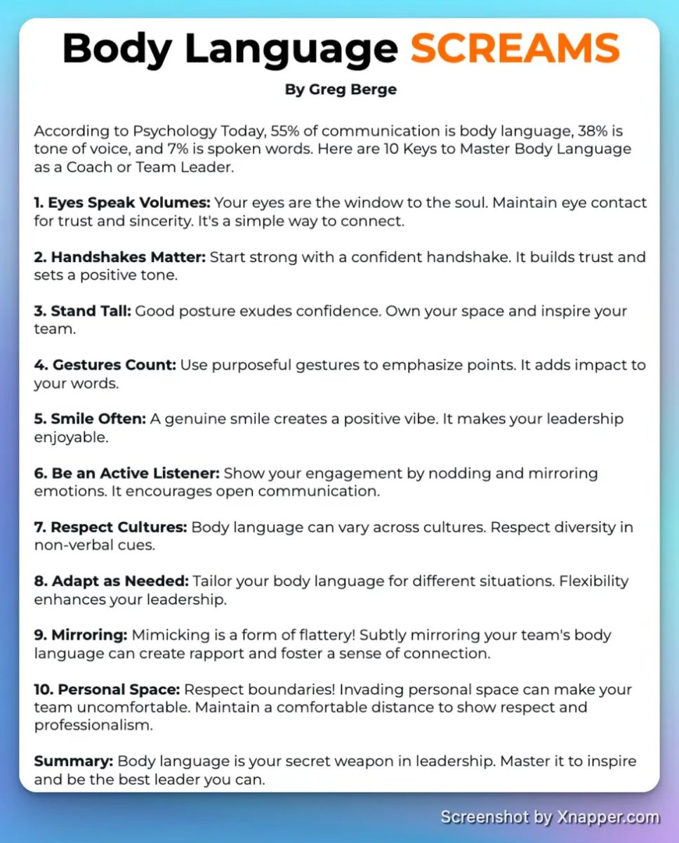 Body language screams before you speak.

✅ Eye contact = trust
✅ Posture = confidence
✅ Smiles = connection

Use it to lead with strength and clarity.