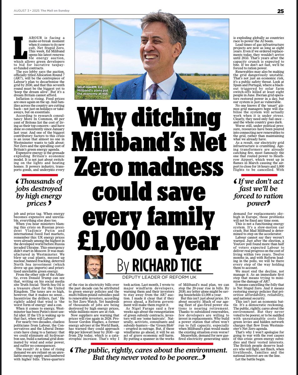 TiceRichard's tweet image. In today’s Mail on Sunday

Why ditching Miliband's Net Zero madness could save every family £1,000 a year

And save 1 million industrial jobs….

We declare war against Net Stupid Zero