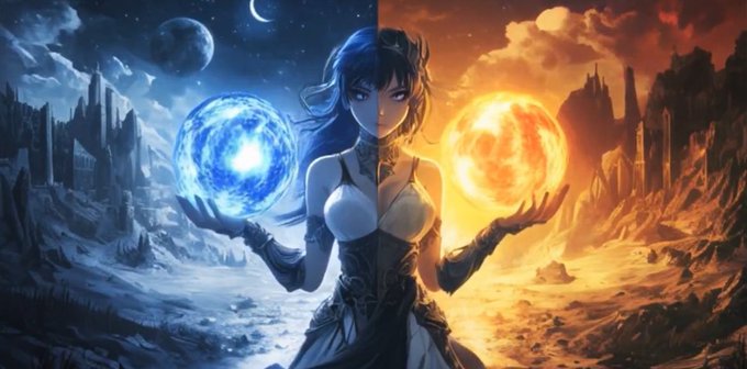 青いエネルギーオーブと燃えるようなオレンジのオーブを手に持つファンタジーキャラクター。Web3ゲームにおけるS.A.I.G.E.の力を象徴している