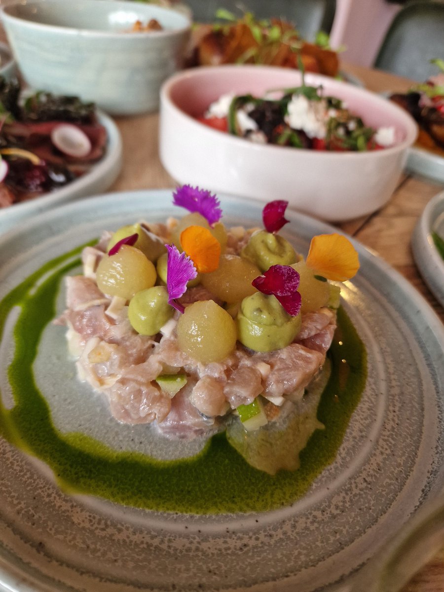 Mackerel tartare, salted celeriac, apple gel, avocado puree.

fifteensquaremetres.co.uk