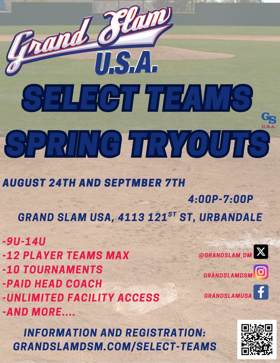 🚨 Exciting News! 🚨
With over 32 years of dedication to youth baseball and softball, Grand Slam USA is thrilled to introduce our new Club Select Teams! 
 
Join us and help your young athlete reach their full potential! ⚾️
#YouthBaseball  #GrandSlamUSA #PlayerDevelopment