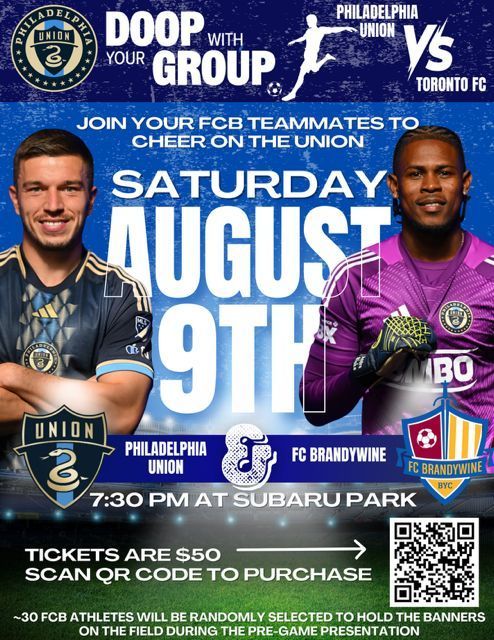 LAST CALL! Join us for FCB night at Subaru Park as we watch the Philadelphia Union take on Toronto on Sat August 9 at 730PM. Tickets are $50 and can be purchased at the link below. ~30 athletes will be randomly selected to hold the midfield banners.
brandywineyouthclub.sportngin.com/register/form/…