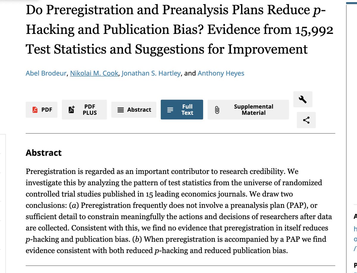 "We find no evidence that preregistration in itself reduces p-hacking and publication bias."  

But...  

"When preregistration is accompanied by a preanalysis plan we find evidence consistent with both reduced p-hacking and reduced publication bias."