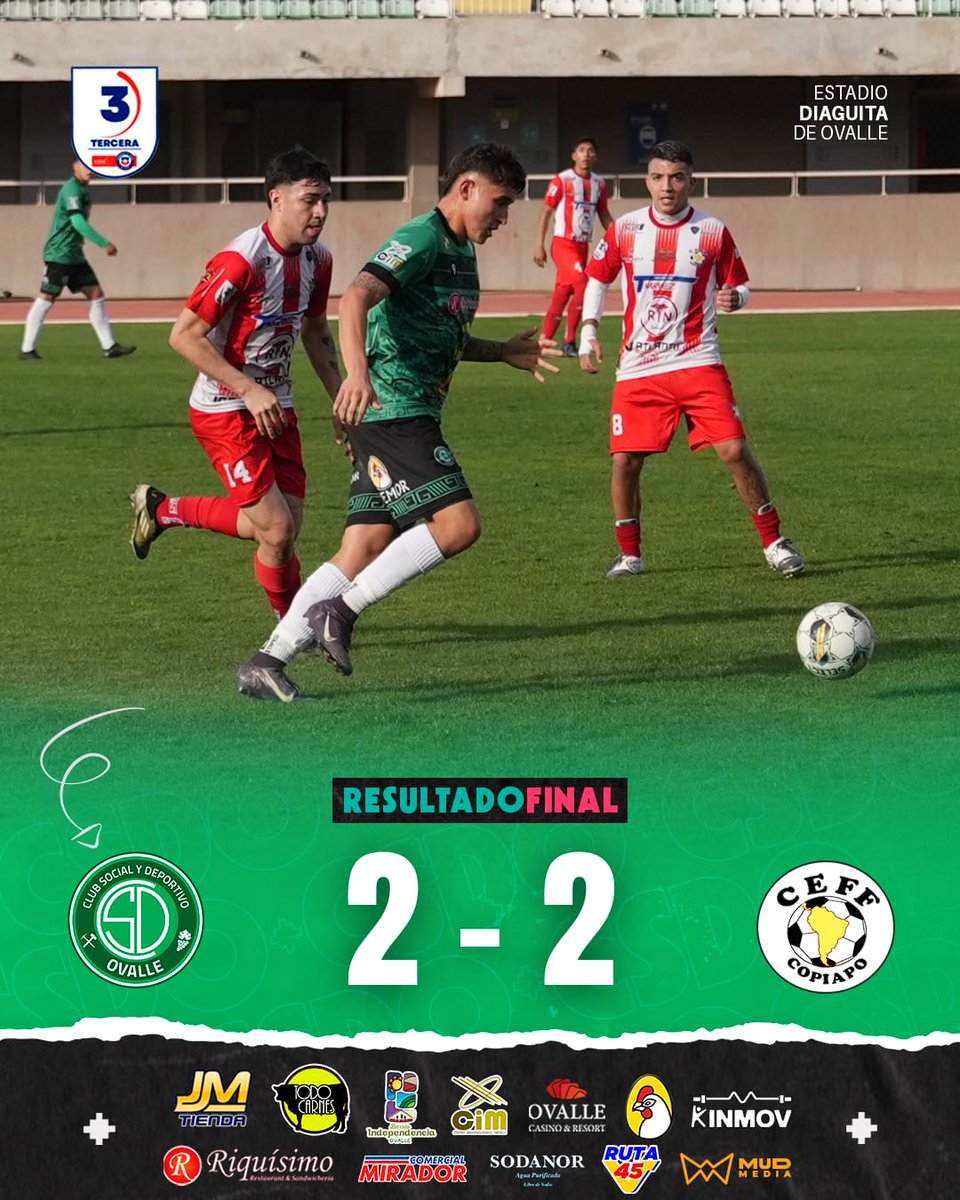 𝐅𝐈𝐍 𝐃𝐄𝐋 𝐏𝐀𝐑𝐓𝐈𝐃𝐎❗️

🟢 CSD Ovalle 2️⃣
🔴 CEFF Copiapó 2️⃣

Empatamos en un luchado partido. Los goles fueron de Gabriel Rojas y Rodrigo Cortés ⚽

Agradecemos a todos los hinchas que nos acompañaron en el estadio 💚

Próxima fecha como visita ante Cultural Maipú ✍️