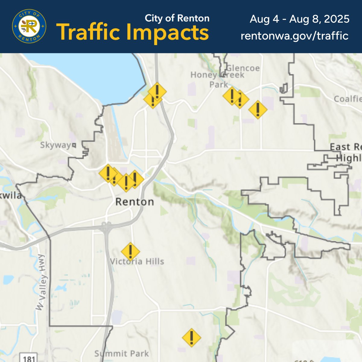 🚧 Traffic impacts for the week of August 4-8.
1. S 2nd St.
2. NE 10th St.
3. NE 12th St.
4. S 21st St.
5. SE 184th Ave SE
6. Rainier Ave S.
7. Union Ave NE

Map &amp; details: rentonwa.gov/traffic