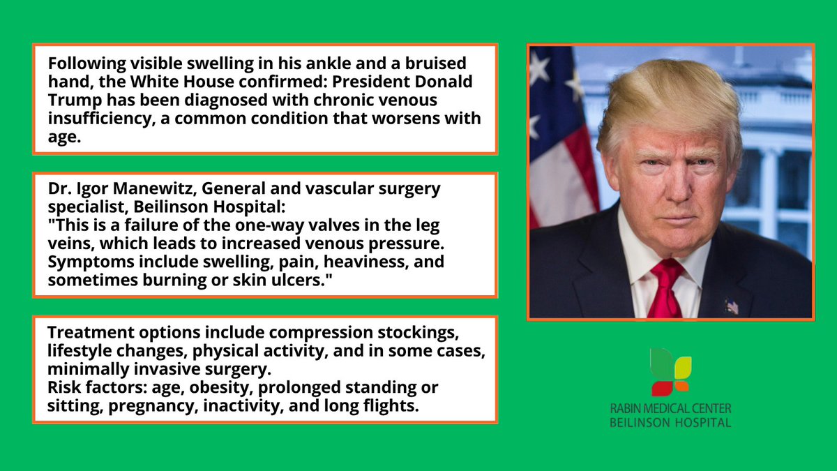 Following confirmation from the <a href="/WhiteHouse/">The White House</a> that
<a href="/POTUS/">President Donald J. Trump</a> has been diagnosed with chronic venous insufficiency – one of the most common vascular conditions – public interest in diagnosis and treatment is on the rise.  

Dr. Igor Manewitz of Beilinson Hospital explains: