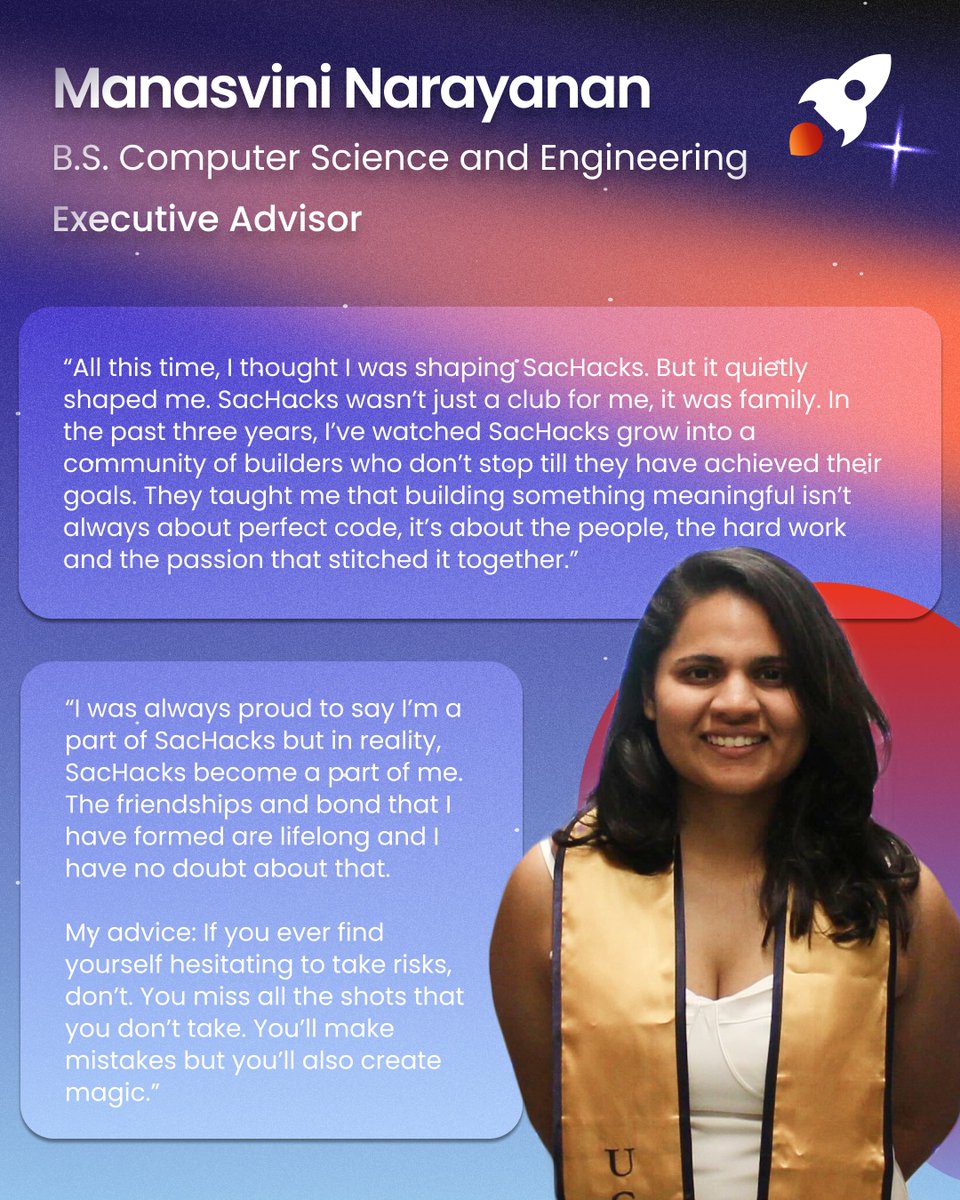 sachacks's tweet photo. ✨ SENIOR SPOTLIGHT ✨

THANK YOU 💛 for the mentorship, hustle, and heart you brought to this team. 

We can’t wait to see what amazing things you'll do next!

Can’t wait to see everyone of you blast off into the next beautiful chapter.🚀

#classof2025 #seniors #ucdavis #grads https://t.co/OXeOLoEpy5