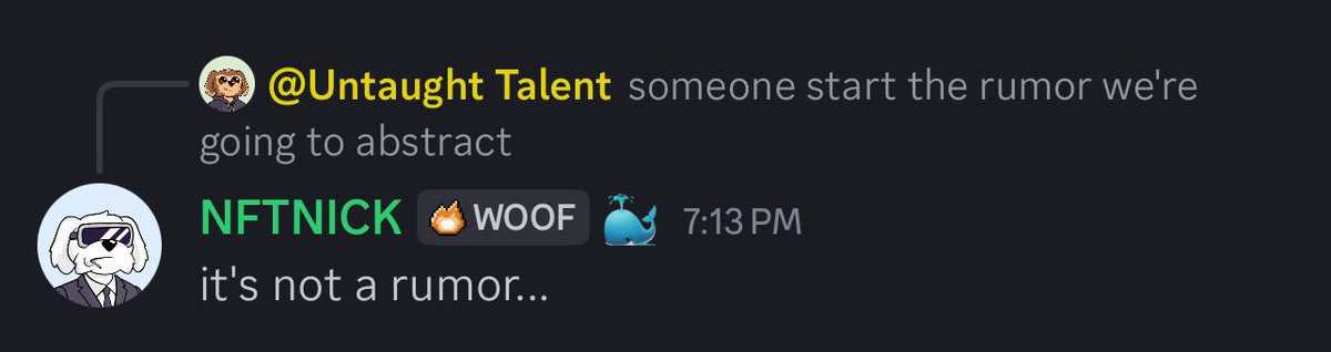 Tig_Bo's tweet image. Not sure if this was what the whole “Abstract August” hype was about but
Nick just confirmed Bodoggos are bridging to @AbstractChain.

Big if true.