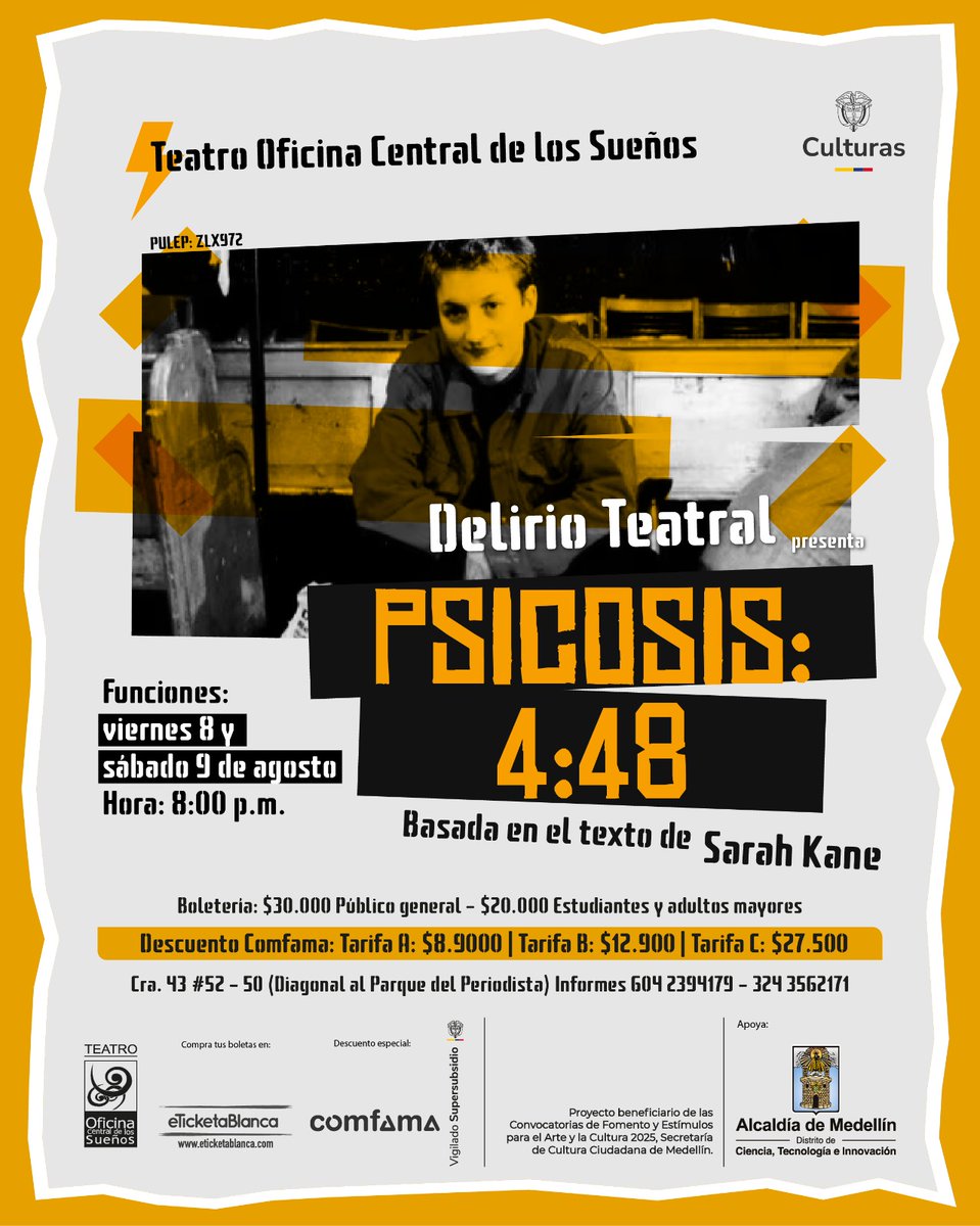 🕓 Psicosis 4:48

Psicosis 4:48 es el monólogo desgarrador que dejó Sarah Kane antes de quitarse la vida. 

Compra tus entradas en aquí: eticketablanca.com/v2/rootevent.p…

#Psicosis448 #SarahKane #VamosATeatro