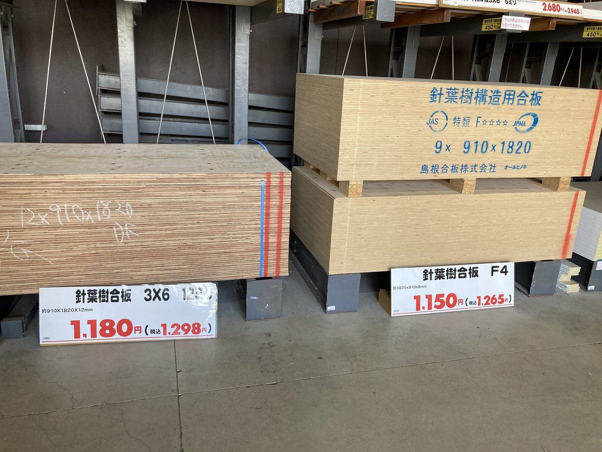 草壁のりすけ@不動産賃貸業つぶやき中❗️ (@norisuke_onii) on Twitter photo 久しぶりのパトロールで更新
いよいよピークの半額になりました(*´-`)
針葉樹合板(税抜)
t=12mm 比較inビバホーム
2022.8 =2,380円
2022.11 =2,180円
2023.7=1,800円
2024.1= 1,580円
2024.5=1,550円
2024.6=1,500円
2025.8=1,180円 久しぶりのパトロールで更新
いよいよピークの半額になりました(*´-`)
針葉樹合板(税抜)
t=12mm 比較inビバホーム
2022.8 =2,380円
2022.11 =2,180円
2023.7=1,800円
2024.1= 1,580円
2024.5=1,550円
2024.6=1,500円
2025.8=1,180円