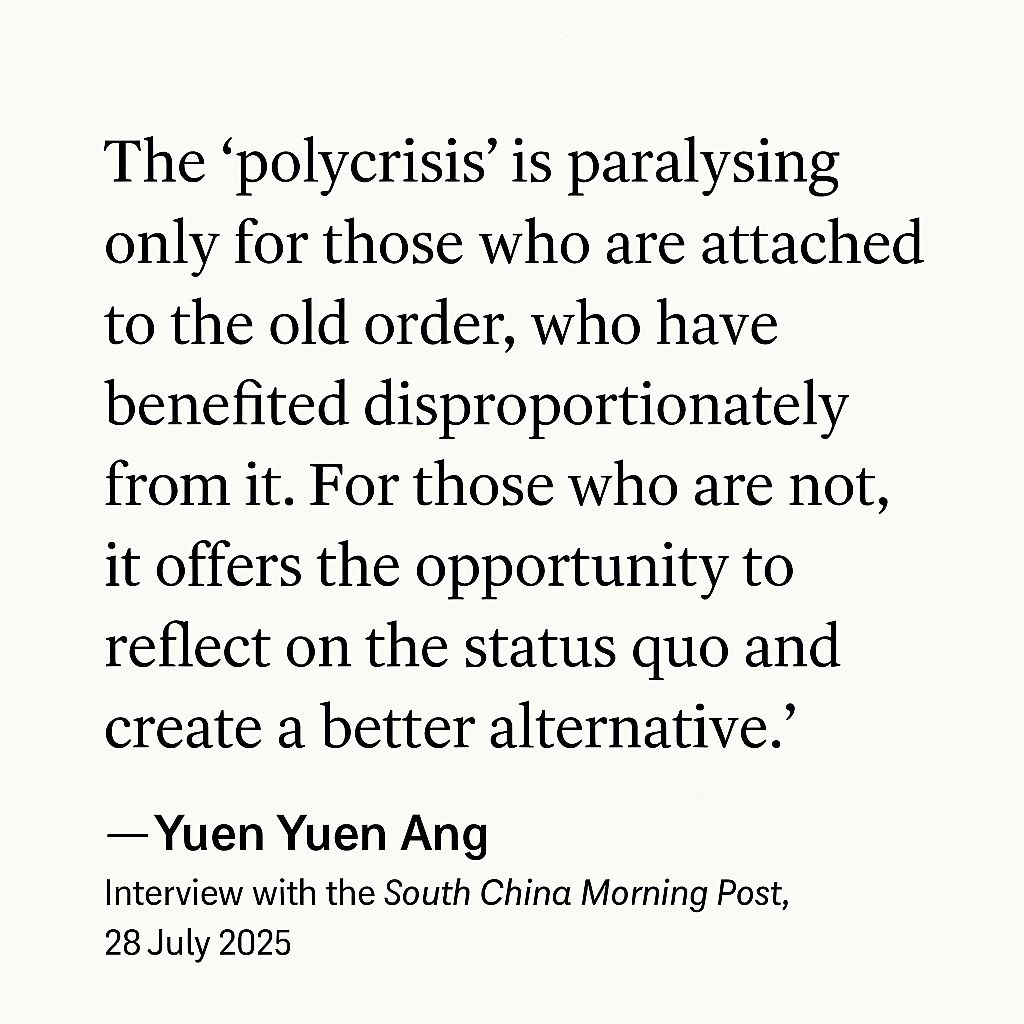 Yuen Yuen Ang (@yuenyuenang) on Twitter photo Thank you <a href="/SCMPNews/">South China Morning Post</a> (esp Alice Li) for a thoughtful, wide-ranging interview
From China's "directed improvisation" in an innovation age
To a new paradigm for a new global order
Not everyone is paralyzed by the polycrisis.
I see it as a ๐๐๐๐๐๐๐๐๐๐โa chance to ask Thank you <a href="/SCMPNews/">South China Morning Post</a> (esp Alice Li) for a thoughtful, wide-ranging interview
From China's "directed improvisation" in an innovation age
To a new paradigm for a new global order
Not everyone is paralyzed by the polycrisis.
I see it as a ๐๐๐๐๐๐๐๐๐๐โa chance to ask