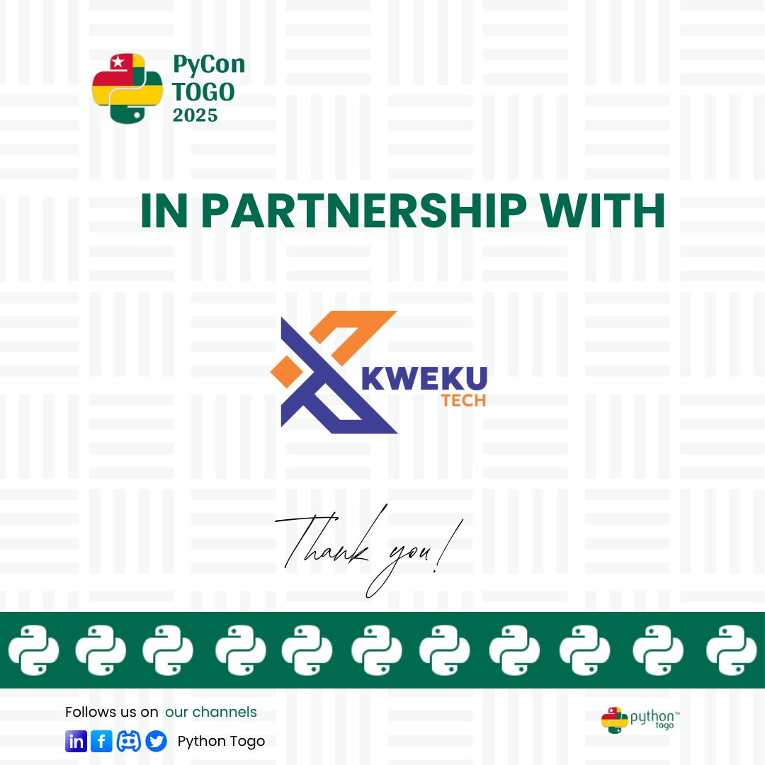 TgPycon's tweet photo. We are pleased to announce @kwekutech as an official partner of #PyConTogo2025.
Together, we celebrate African tech, support local talent, and grow the Python community.
🔗 https://t.co/xHLqCrOjGL
📰 https://t.co/aXblL1r8RE
#PyConTogo #KwekuTech #PythonAfrica #PyCon https://t.co/JusnfTU6v3