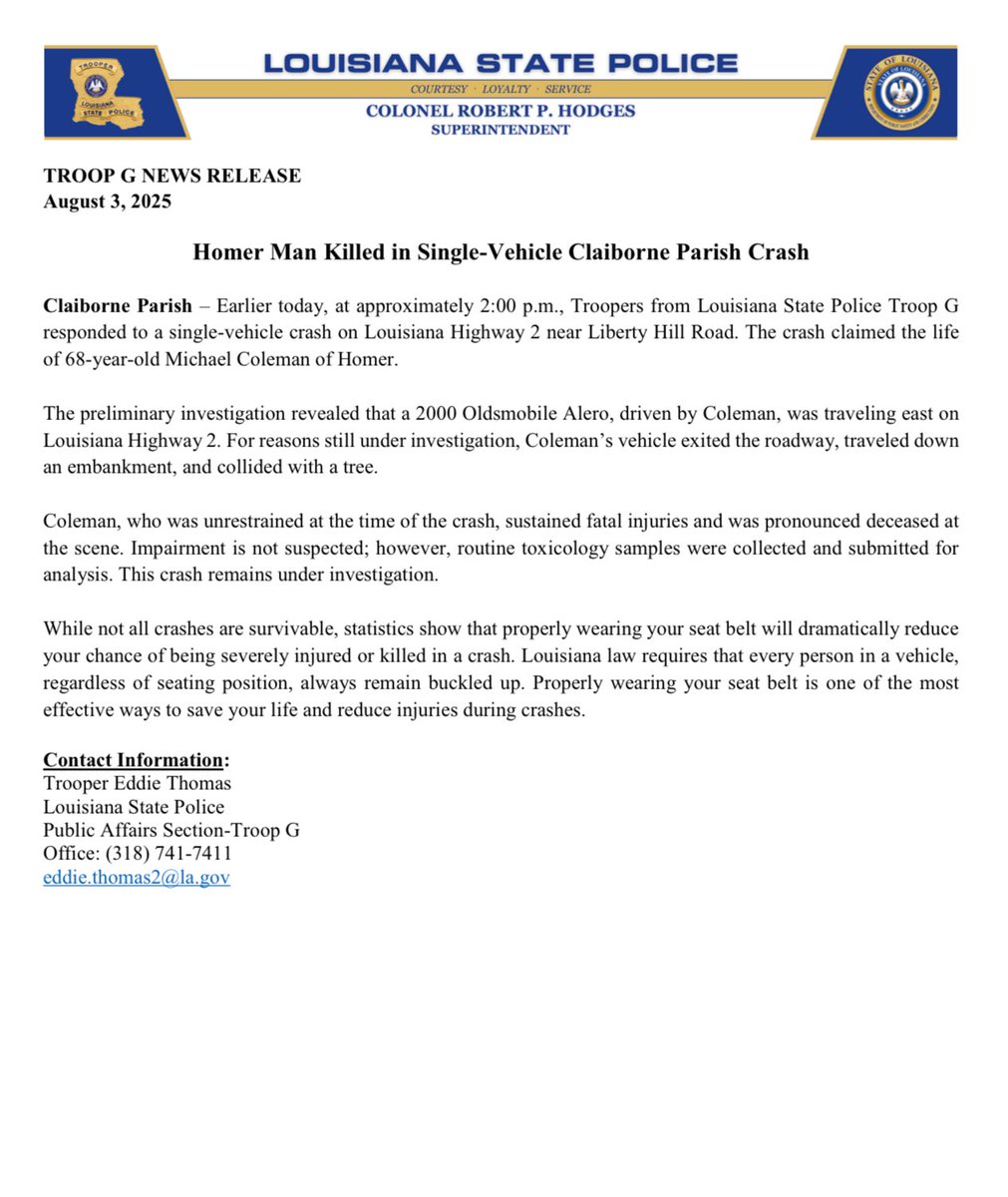 Homer Man Killed in Single-Vehicle Claiborne Parish Crash