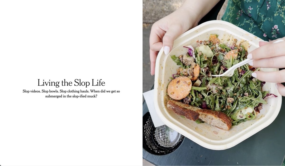 I was recently interviewed for a New York Times piece on The Slopification of Everything by <a href="/emmabgo/">Emma Goldberg</a> 

Slop is a key driver of the boring dystopia we all inhabit

Slop content, slop food, fast fashion, Temu brands

I'm doing my part as a product designer to exclusively work on