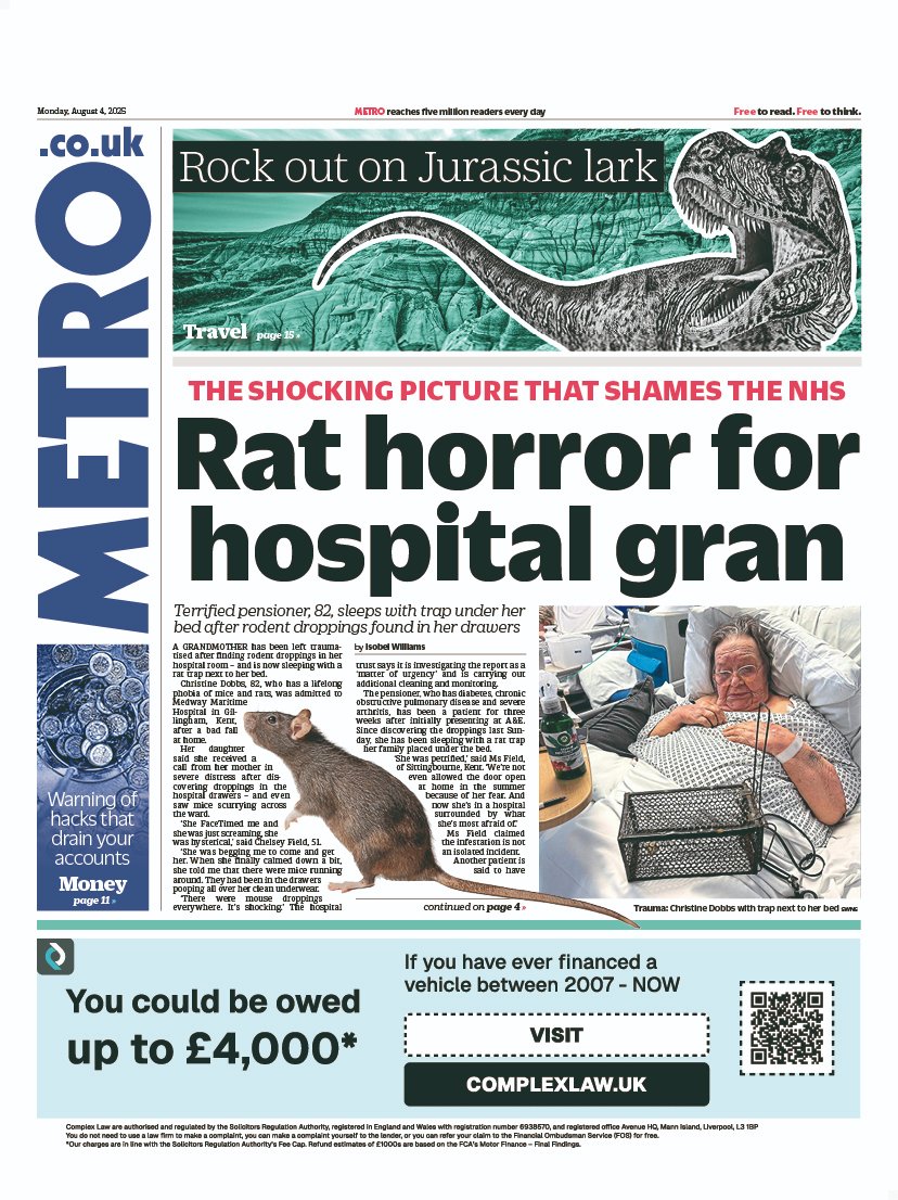Monday's METRO: Rat horror for hospital gran
#TomorrowsPapersToday