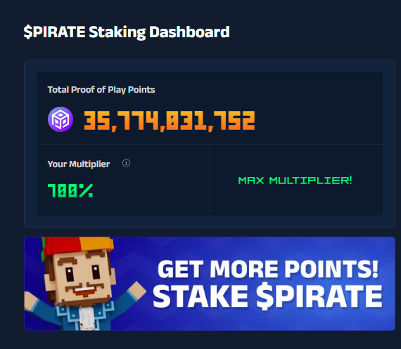 With the POP Arcade Launched now on Abstract I want to remind everyone that staking $PIRATE Gives you POP points! 

I have just a few POP points so far! 

How much do you have?