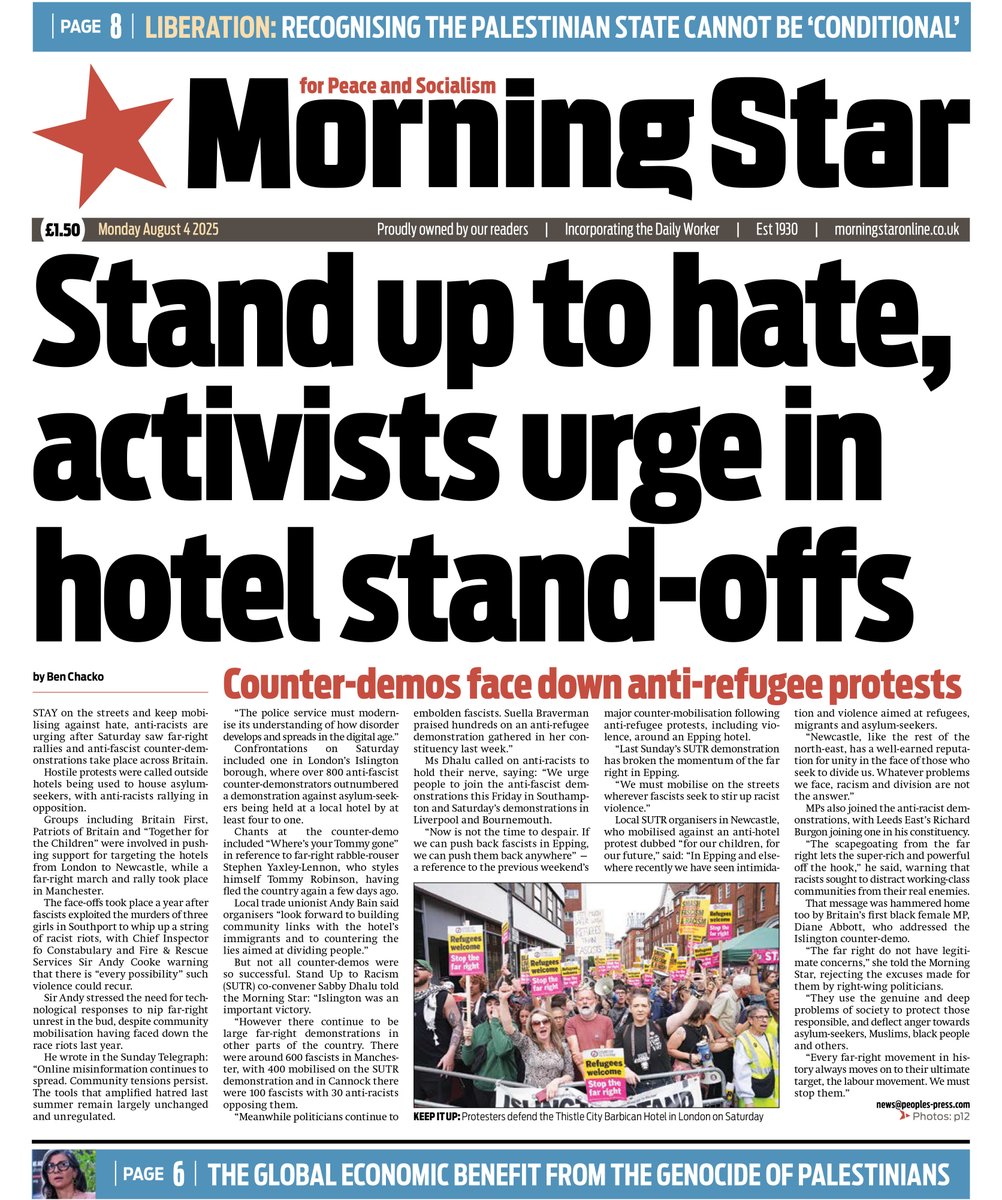 Monday's MORNING STAR: Stand up to hate, activists urge in hotel stand-offs
#TomorrowsPapersToday