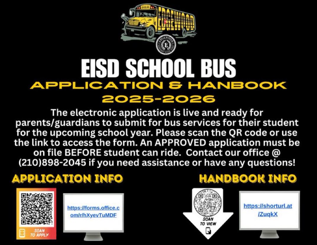 EISD Transportation (@eisd_transport) on Twitter photo Happy Sunday <a href="/EISDofSA/">Edgewood ISD</a> families! The new school year is a little more than 1 week away! As a reminder, an approved application must be on file BEFORE students can ride! Submit today! Have a question, give us a call! (210)898-2045 โก๏ธ forms.office.com/r/hXyevTuMDF Happy Sunday <a href="/EISDofSA/">Edgewood ISD</a> families! The new school year is a little more than 1 week away! As a reminder, an approved application must be on file BEFORE students can ride! Submit today! Have a question, give us a call! (210)898-2045 โก๏ธ forms.office.com/r/hXyevTuMDF