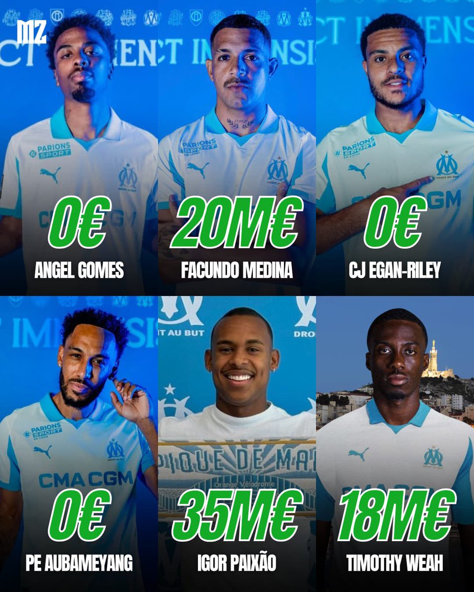 🏴󠁧󠁢󠁥󠁮󠁧󠁿 Angel Gomes
🇦🇷 Facundo Medina
🏴󠁧󠁢󠁥󠁮󠁧󠁿 CJ Egan-Riley
🇬🇦 PE Aubameyang
🇧🇷 Igor Paixao
🇺🇸 Timothy Weah

6 recrues. ✍️✅
73M€ dépensés. 🤑🔥