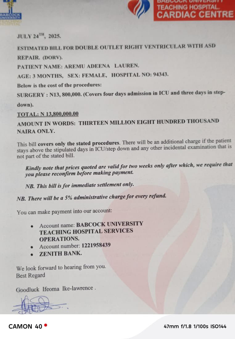 Baby Aremu Adeena Lauren is a 3-month-old angel born with a hole in her heart and requires urgent surgery. We kindly solicit your generous donations and support to give Baby Adeena a fighting chance. To donate, please scan the barcode or click the link below