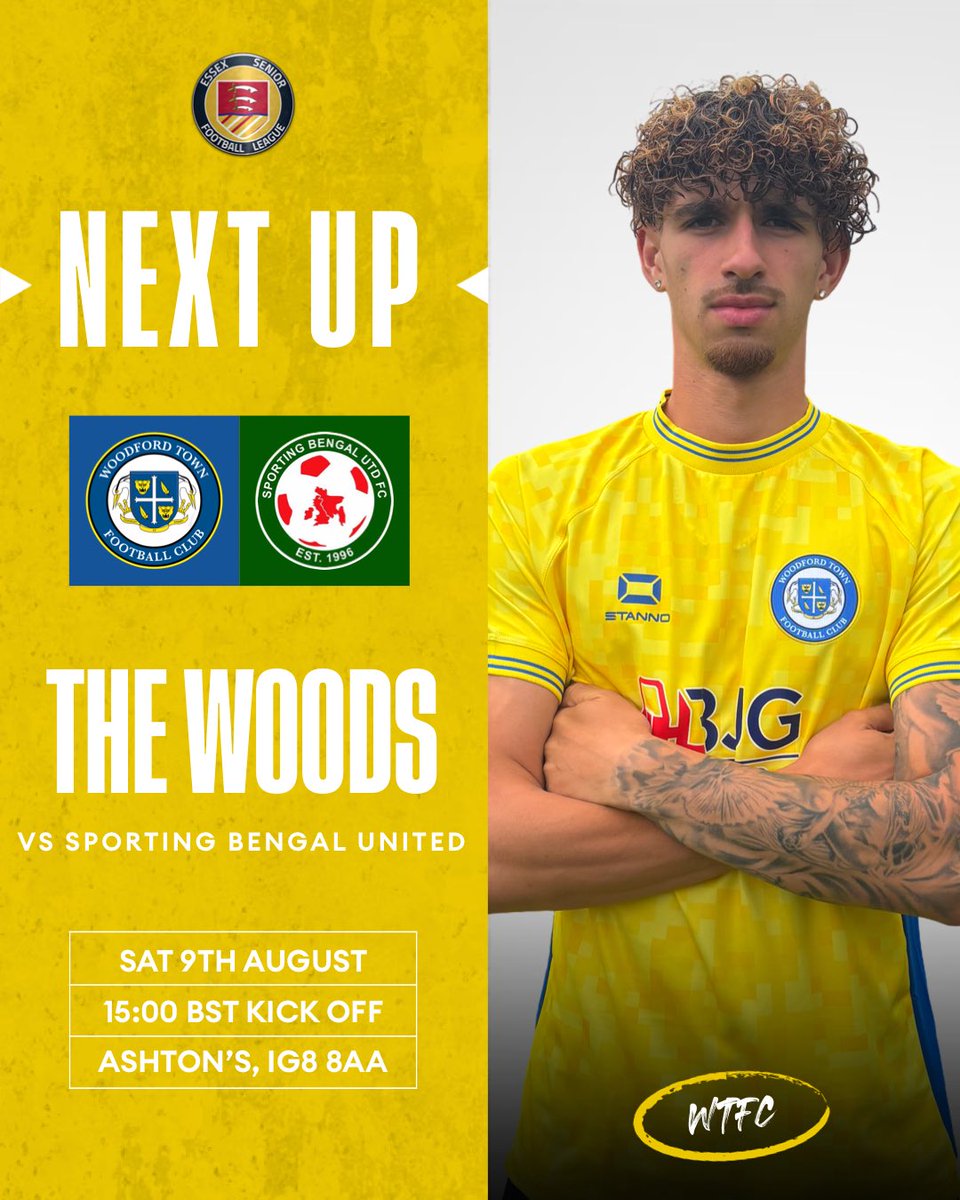 𝗡𝗘𝗫𝗧 𝗨𝗣: The Woods are back at HOME! 🔙🏡

🆚 Sporting Bengal United
🏟️ Ashton’s Stadium
📆 Saturday 9th August
⏰ 15:00 BST kick off
🏆 <a href="/EssexSenior/">Essex Senior League</a> MD3

Let’s pack out Ashton’s for our first home game of the season and make it a matchday to remember for the players! 💛💙
