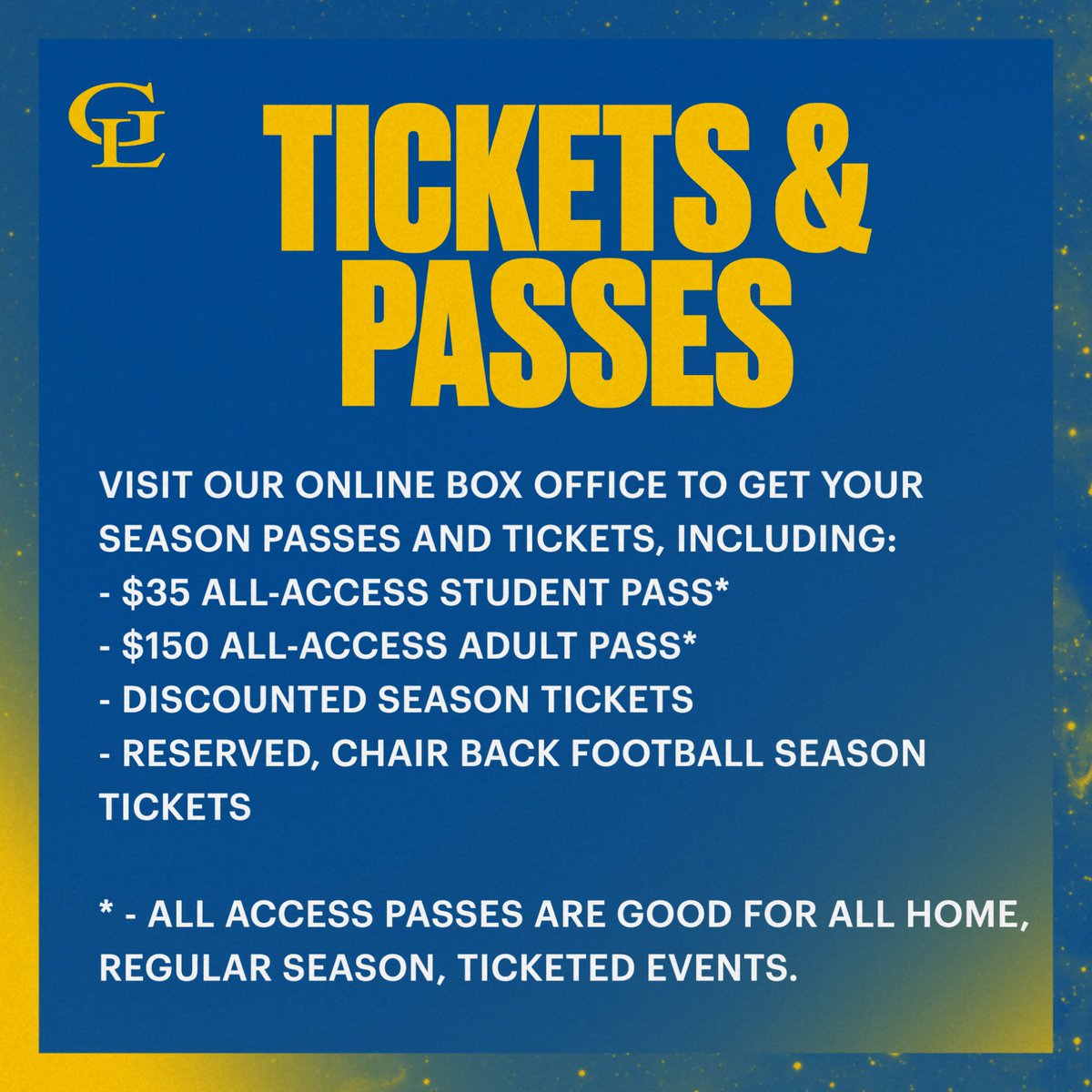 Athletic Ticket Box Office is OPEN! Visit tinyurl.com/GLHStickets! Student All-Sport, All-Access pass, only $35! Adult All-Sport, All-Access pass, only $150! Season passes are available for a discounted rate of $8/game! Reserved Friday Night Lights seats still available.