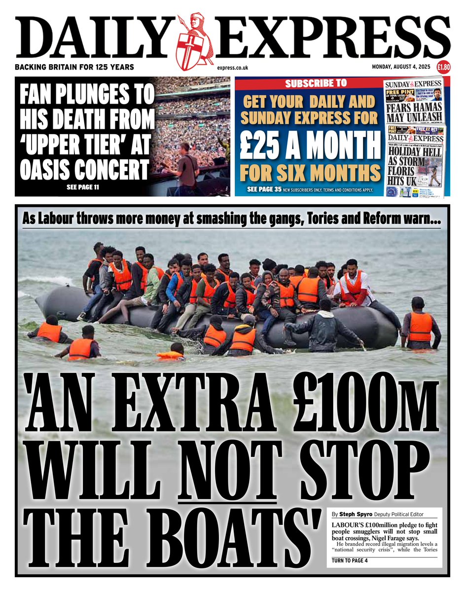 Monday's DAILY EXPRESS: 'An extra £100m will NOT stop the boats'
#TomorrowsPapersToday
