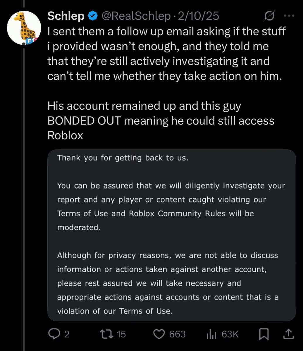 RealSchlep's tweet image. I find this so interesting, I know it’s ai but the optics are just so bad

we go to roblox about predators we confront and get arrested IRL, they ignore us, even the CEO blocked us over it

meanwhile they ban people like shedletsky. Just insane