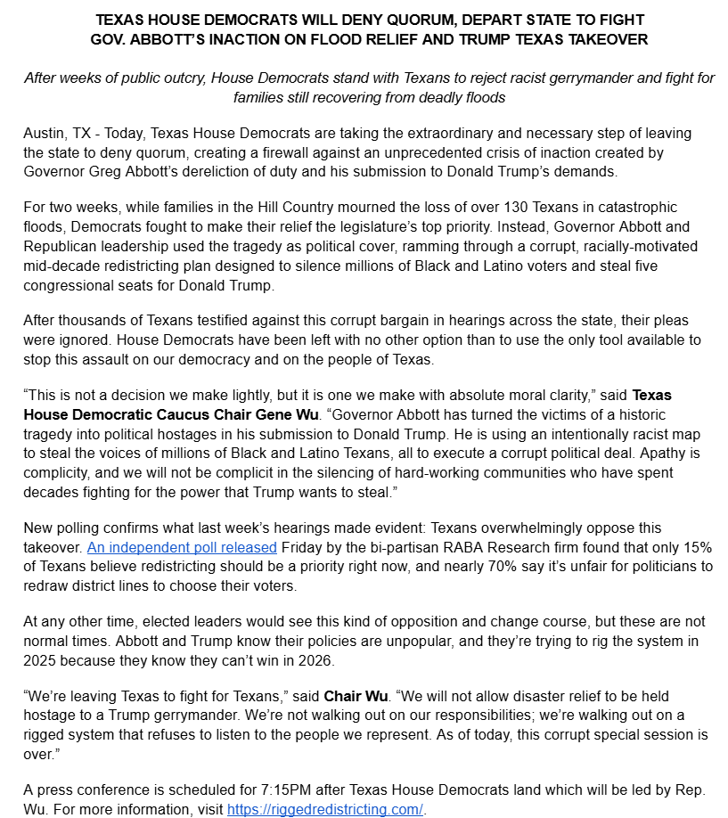 New: Texas House Democrats confirm they've left the state to break quorum over the proposed redrawn congressional map. <a href="/politico/">POLITICO</a> reported they're headed to Illinois. #txlege

"We’re not walking out on our responsibilities; we’re walking out on a rigged system that refuses to