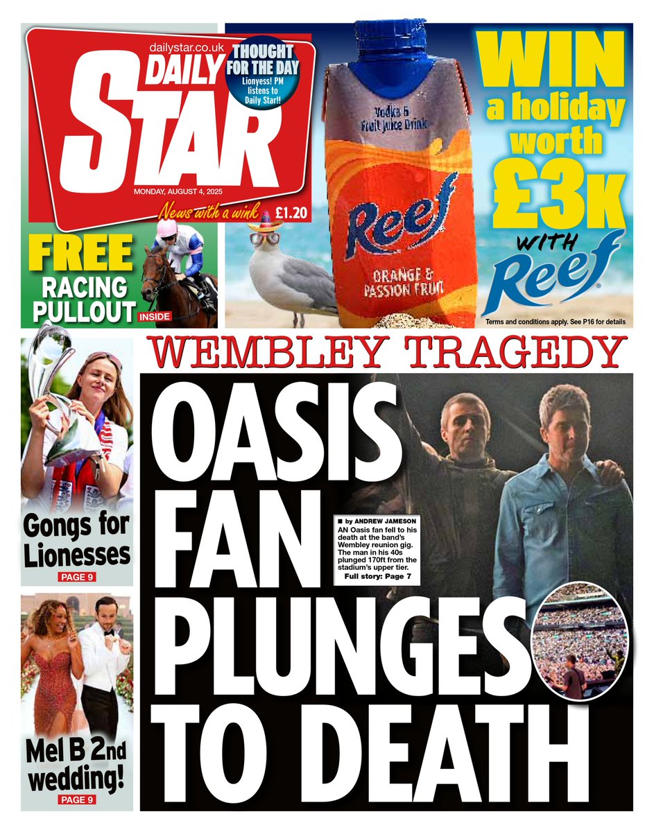 Monday's DAILY STAR: Oasis fan plunges to death
#TomorrowsPapersToday