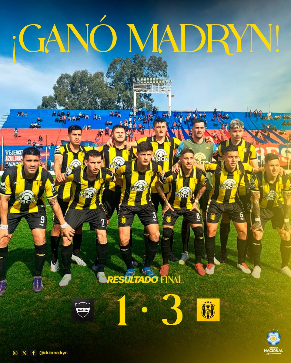 ClubMadryn's tweet photo. ¡𝗚𝗔𝗡𝗢́𝗢𝗢𝗢 𝗘𝗟 𝗔𝗨𝗥𝗜𝗡𝗘𝗚𝗥𝗢𝗢𝗢𝗢! 👊🏼

Madryn se impuso, en condición de visitante, ante Güemes por 3 a 1.

⚽️ Nazareno Solís, Diego Crego y Luis Silba marcaron los tantos del triunfo.

🆚 El próximo fin de semana recibiremos a San Martín (T).

#VamosAurinegro 💛🖤

📸 Prensa @ClubAGuemes